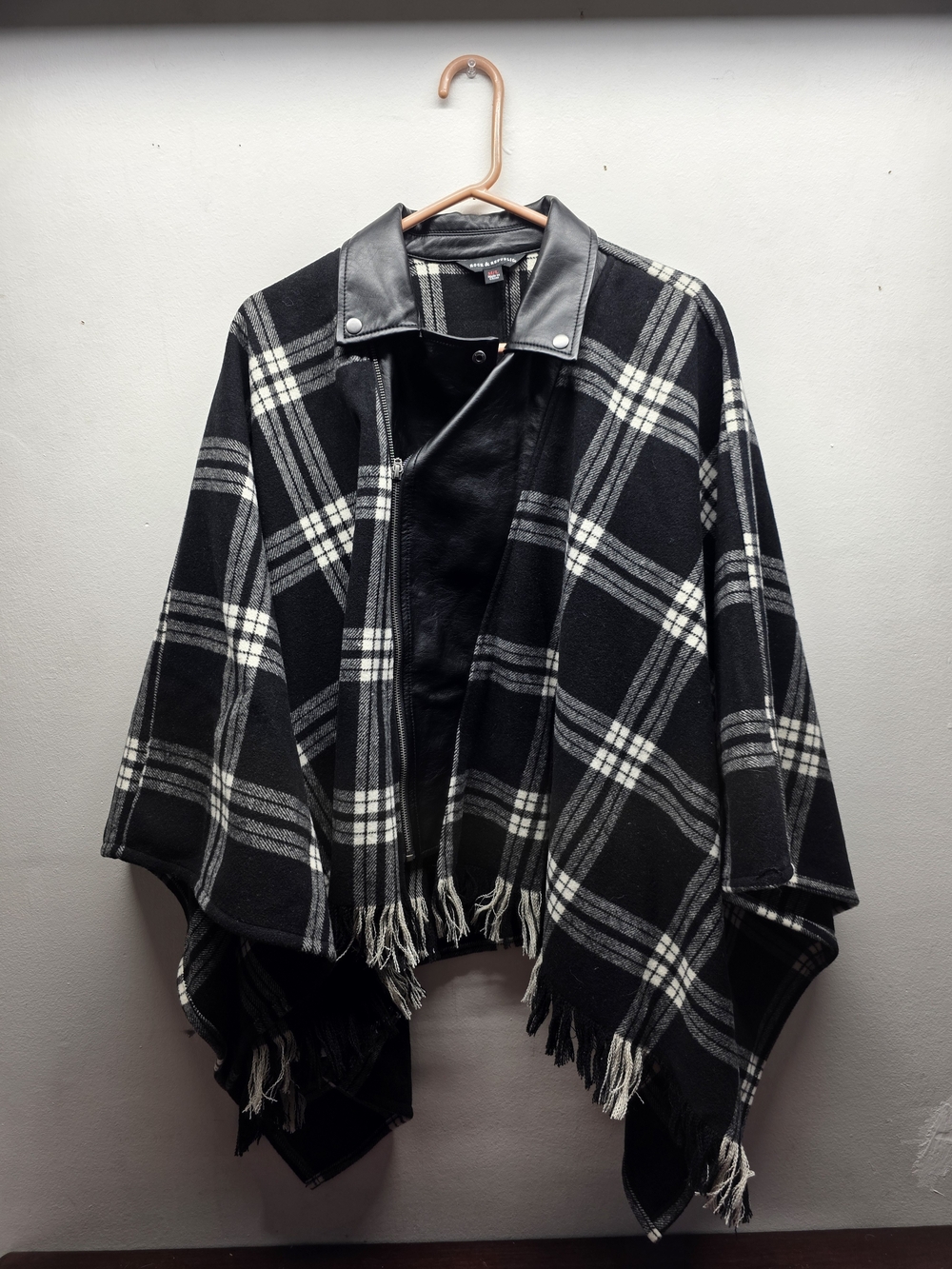 Rock & Republic Black and White Plaid Fringe Poncho with Faux Leather Collar